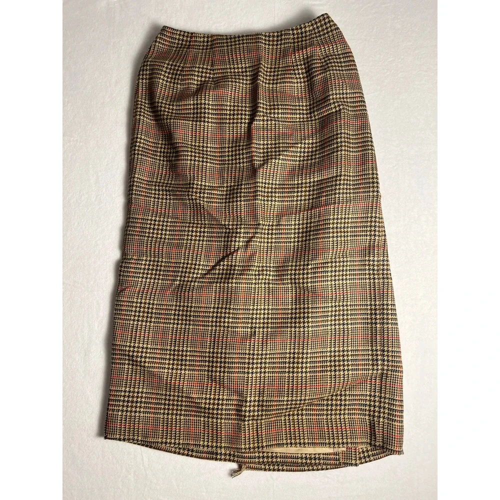 David Brooks Wrap Skirt Wm 10 Tan Plaid Pure Wool Fringe Midi Made USA Cottage